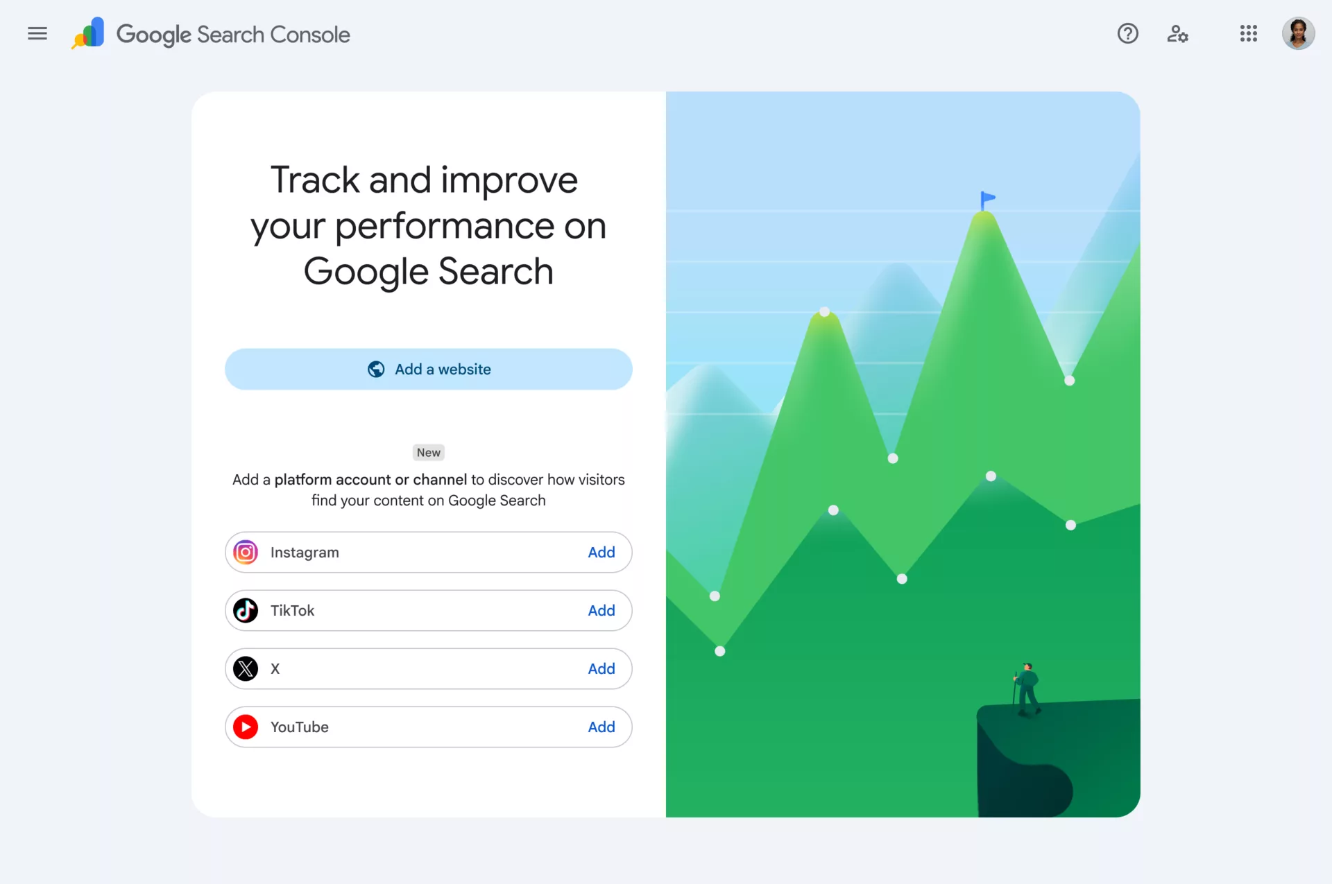 Panel de Google Search Console para conectar Instagram, TikTok, X y YouTube