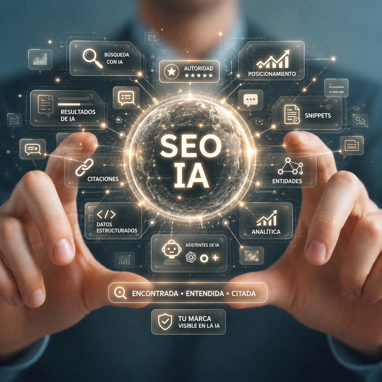 Ilustración de una estrategia GEO y SEO para Inteligencia Artificial