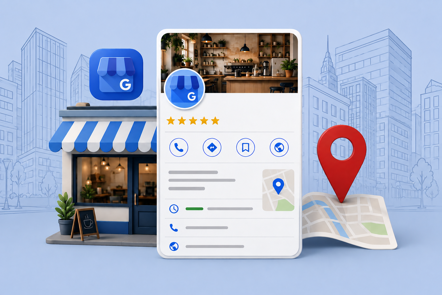 Ilustración de una ficha de Google Business Profile para un negocio local